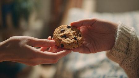 Close-up of hand holding a fresh baked cookie. Warm tones highlight rustic bakery style and irresistible dessert temptation.の素材
