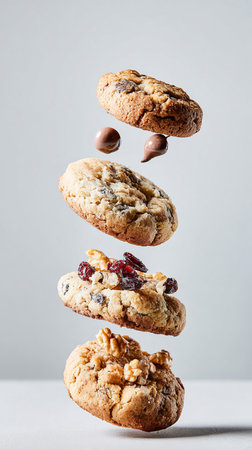 Levitating chocolate chip cookies in midair, golden and crispy. Sweet dessert magic showcasing fresh bakery aroma and delicious indulgence.の素材