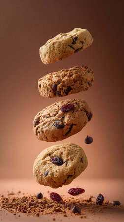 Levitating chocolate chip cookies in midair, golden and crispy. Sweet dessert magic showcasing fresh bakery aroma and delicious indulgence.の素材