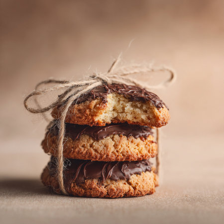 Homemade cookies on baking paper, golden and crispy with chocolate chips, stack, . Sweet aroma, cozy warmth, and irresistible dessert appeal.の素材