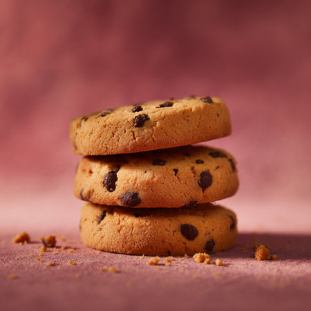 Homemade cookies on baking paper, golden and crispy with chocolate chips, stack, . Sweet aroma, cozy warmth, and irresistible dessert appeal.の素材