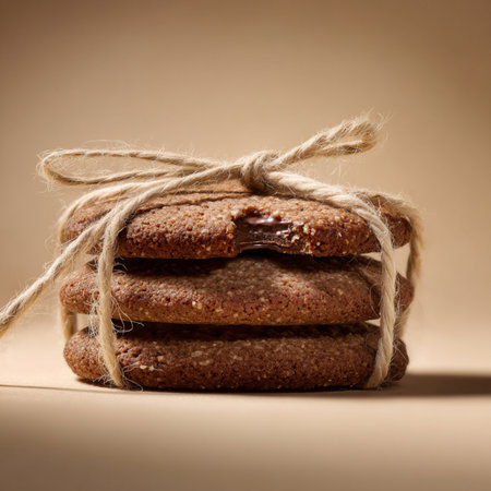 Homemade cookies on baking paper, golden and crispy with chocolate chips, stack, . Sweet aroma, cozy warmth, and irresistible dessert appeal.の素材