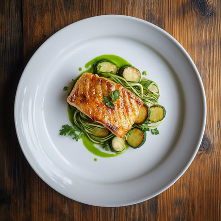 Seafood fillet on simple contemporary plate, top-down view, fresh protein, gourmet cuisine image.の素材