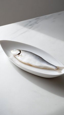 Seafood fillet on simple contemporary plate, top-down view, fresh protein, gourmet cuisine image.の素材