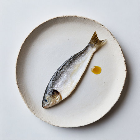Seafood fillet on simple contemporary plate, top-down view, fresh protein, gourmet cuisine image.の素材