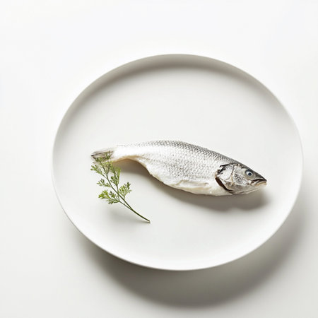 Seafood fillet on simple contemporary plate, top-down view, fresh protein, gourmet cuisine image.の素材