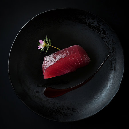 Seafood fillet on simple contemporary plate, top-down view, fresh protein, gourmet cuisine image.の素材