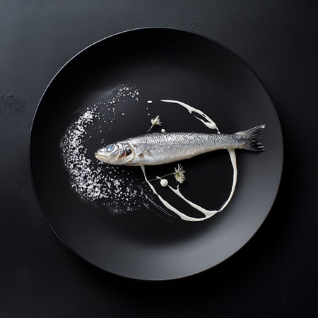 Seafood fillet on simple contemporary plate, top-down view, fresh protein, gourmet cuisine image.の素材