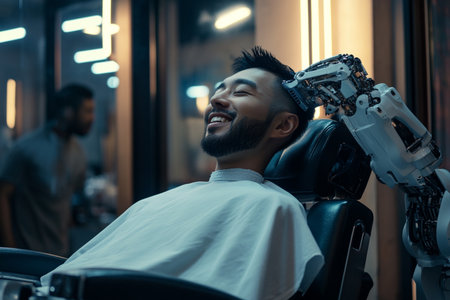 Smart beauty tech robot in barbershop shaving mature African American man, mid shot image.の素材