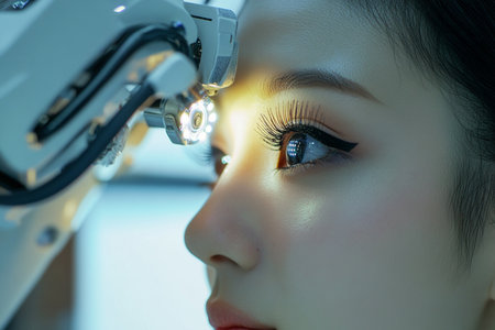 Robotic aesthetic procedure for eyelash extension on grown-up feminine Asian, East Asian, face, profile image.の素材