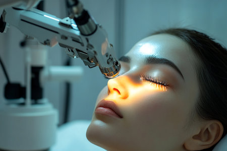 Robotic aesthetic procedure for eyelash extension on grown-up feminine face, profile image.の素材