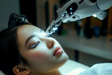 Robotic aesthetic procedure for eyelash extension on grown-up feminine Asian, East Asian, face, profile image.の素材