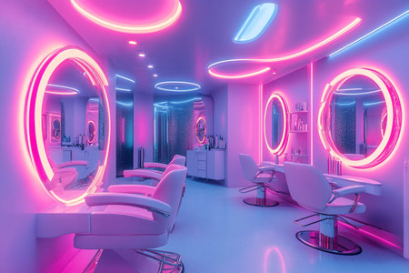 A beauty salon of the future with gold-silver blue and pink colors metal illuminated brightly.の素材