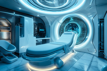 A beauty salon of the future glowing with neon metallic blue colors shine.の素材