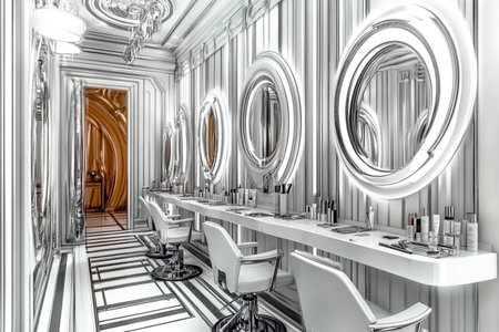Neon reflections dance on chrome white walls in a beauty salon of the future.の素材