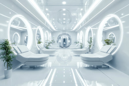 Neon reflections dance on chrome white walls in a beauty salon of the future.の素材