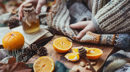Joyful gatherings unfold in a sunlit outdoor photo of a cozy picnic nestled in autumn or spring nature.の素材