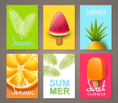 Set of summer brochures with fruits, berries, cocktails and ice cream. Vector templates.のイラスト素材