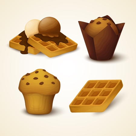 Vector set of cupcakes and wafflesのイラスト素材