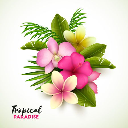 Colorful background with tropical flowers and palm leaves. Vector illustration.のイラスト素材