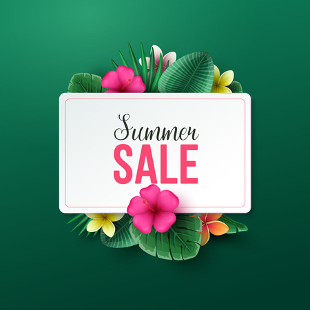 Summer sale background with tropical flowers and palm leaves. Vector illustration.のイラスト素材