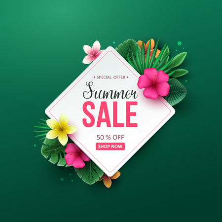 Summer sale background with tropical flowers and palm leaves. Vector illustration.のイラスト素材