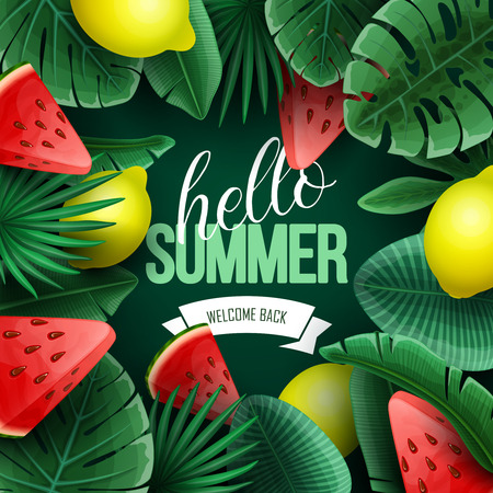 Summer sale background with tropical fruits and palm leaves. Vector illustration.のイラスト素材
