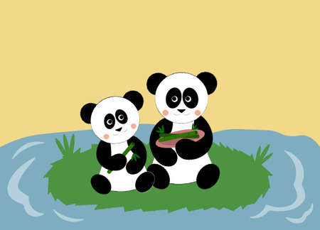 two cartoon pandas sitting and eating bambooのイラスト素材