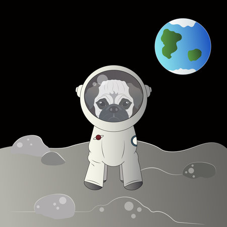Pug in a spacesuit on the Moon.
