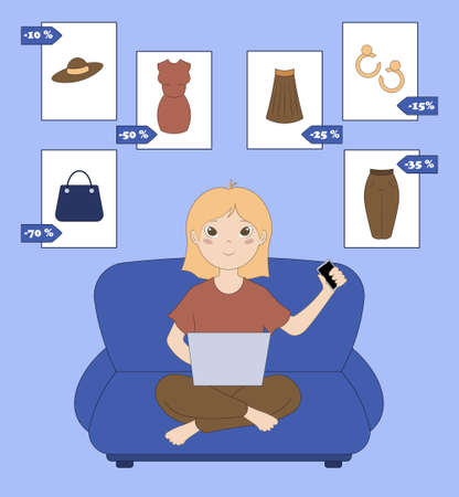 girl choosing clothes in online store. Sale.のイラスト素材