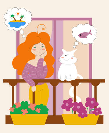 Girl standing on the balcony and dreamingのイラスト素材