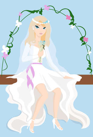 Bride in a wedding dress sitting on a swingのイラスト素材
