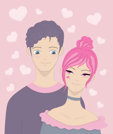 young and guy and girl in love looking at each other. Vector illustrationのイラスト素材