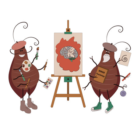 Funny cockroaches drawing human brain on canvas.