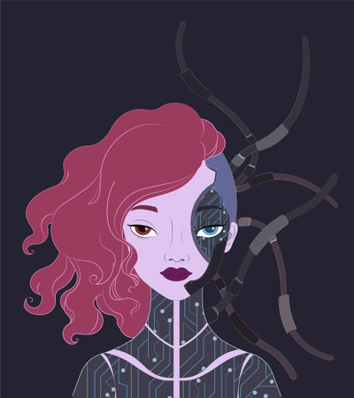Beautiful pink-haired cyborg woman with cablesのイラスト素材