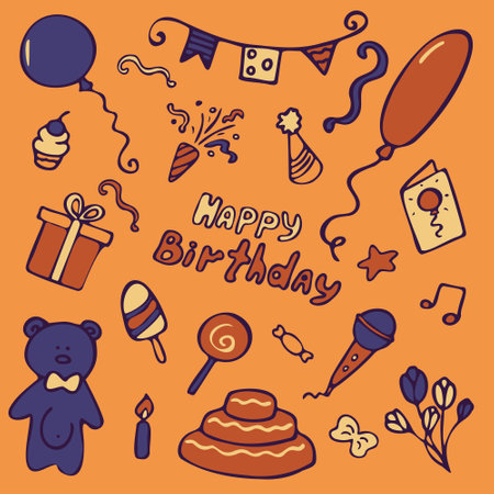 Set with cute birthday images. Happy birthday.のイラスト素材