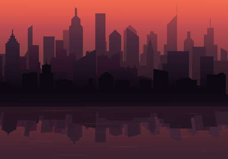 Silhouette of a big city with a beautiful sunset.のイラスト素材