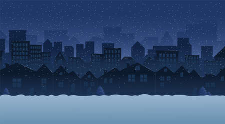 Silhouettes of snowy country houses. Winter night.のイラスト素材