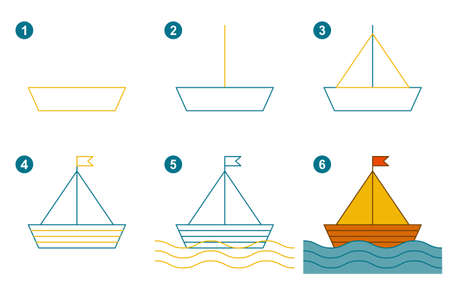 Instructions for drawing sailboat. Step by step.のイラスト素材