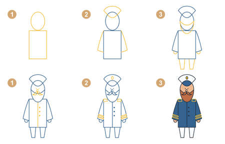 Instructions for drawing captain. Step by step.のイラスト素材