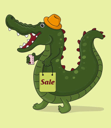 Cartoon crocodile with credit card and shoppingのイラスト素材