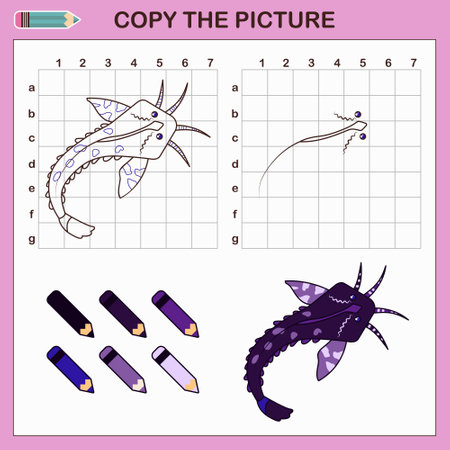 Copy drawing of Agamix Fish. Vector draw worksheet with cute fish.のイラスト素材