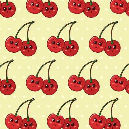 Seamless pattern with cartoon Cherries on backdropのイラスト素材