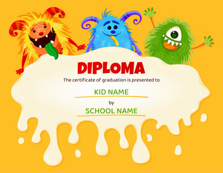 Kids diploma with cute funny monster characters.のイラスト素材