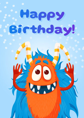Birthday greeting card with funny cute monster.のイラスト素材