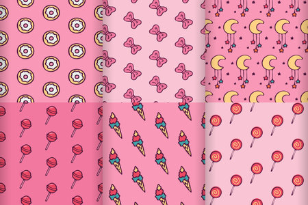 Set of cute pink kids patterns with doodle sweets.のイラスト素材