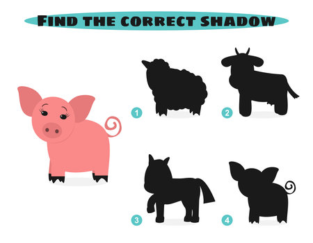 Find correct shadow. Cute farm animals. Education game.のイラスト素材
