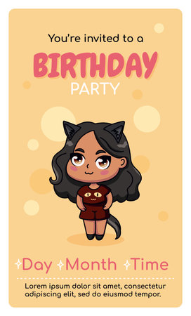 Happy birthday vertical invitation card with anime chibi girl.のイラスト素材