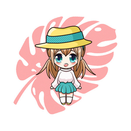 Cute and kawaii anime girl. Chibi with leaf.のイラスト素材