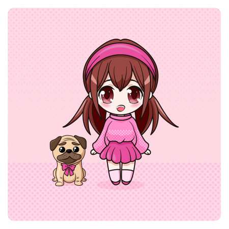 Cute and kawaii girl with pug. Manga chibi girl.のイラスト素材